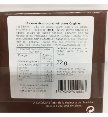 Coffret Carré de chocolats "Pures Origines "